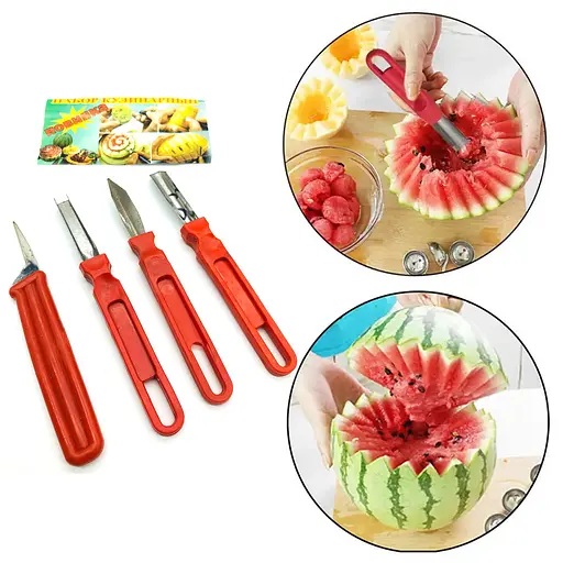 Набір ножів для карвінгу (різьблення по овочах) 4 штуки (пластмасова ручка, сталеве лезо), Kitchette Червоний 83599 - фото 2