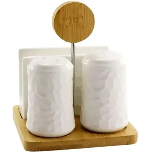 Набір Interos PJ03030 серветниця, сільничка, перечниця на бамбуковій підставці порцеляновий