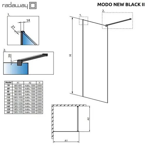 Душова перегородка Radaway Modo New Black II 70 см профіль чорний 389074-54-01 - фото 3