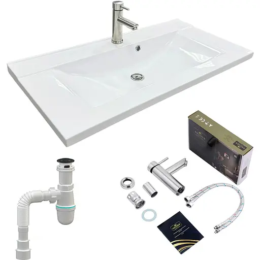 Набір для ванної кімнати Adamant раковина умивальник QUANTO 90 штучний камінь прямокутна з сифоном Click-Clack + змішувач - фото 1