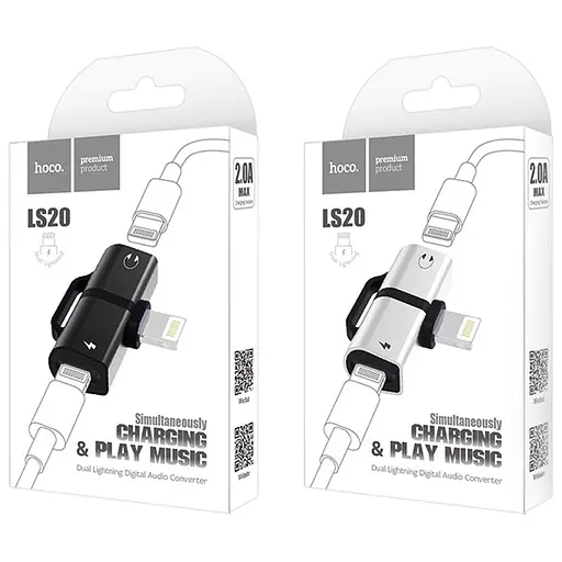 Переходник Hoco LS20 аудиоконвертер Dual Lightning Audio 2 A Black - фото 2