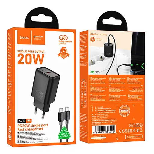 МЗП Hoco N60 Gentle PD20W (1USB-C) + кабель Type-C to Type-C Black - фото 6