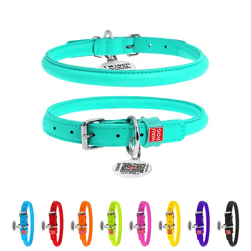 Ошейник для собак кожаный Waudog Glamour с QR-паспортом круглый Д 13 мм Д 45-53 см ментоловый - фото 2