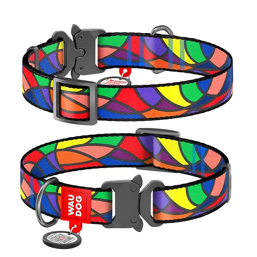 Ошейник для собак нейлоновый Waudog Nylon с QR-паспортом "Витраж" металлическая пряжка-фастекс Ш 20 мм Д 28-40 см