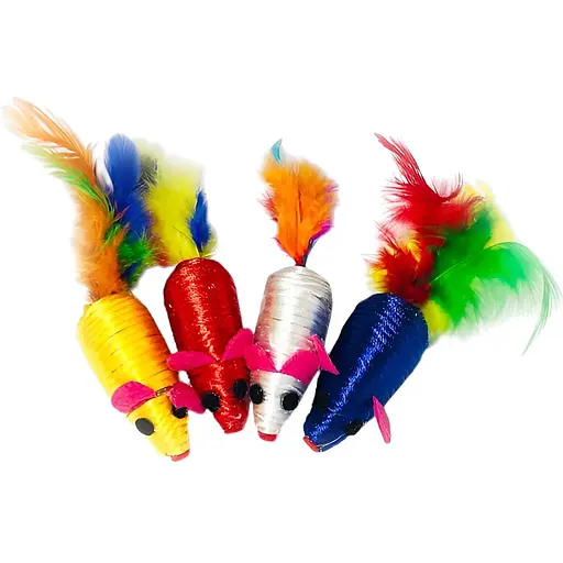 Миша нейлонова кольорова з пером Fox іграшки для котів у пакеті 6 см в асортименті - фото 1