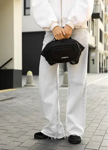 Женская сумка через плечо бананка Sambag Flex черная тканевая 30×17×15 см (85351065) - фото 4