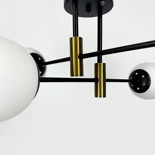 Стельова чорна люстра з латунною фурнітурою на 4 білих плафонів Ø 55 см | Line F | Арт. 81188/4 CP+BK+WT - фото 3