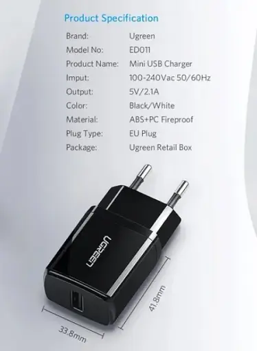 Зарядний пристрій Ugreen ED011 USB Wall Charger 2.1A чорний - фото 5