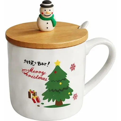 Новорічна чашка Olens 102-1086 Новорічна братва кераміка з бамбуковою кришкою та ложкою 380 мл - фото 1