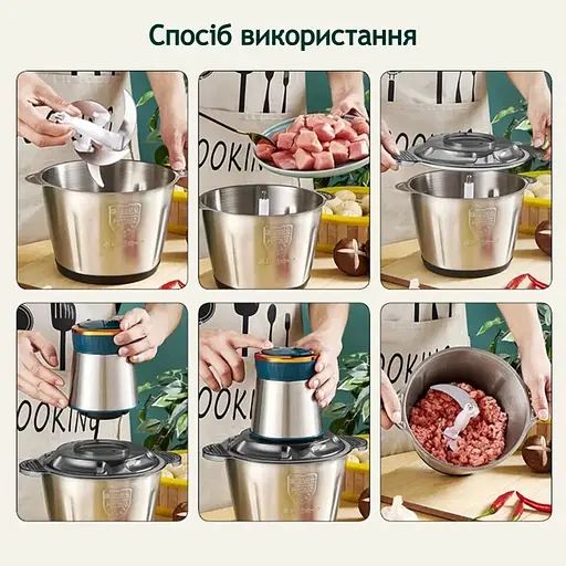 Подрібнювач кухонний, подрібнювач чопер, блендер з металічною чашою, Rainberg 1300 Вт Chopper, Зелений  - фото 5