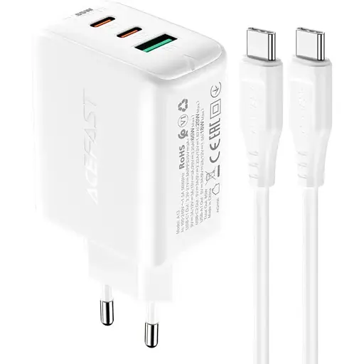 Зарядний пристрій Acefast A13 USB/2 Type-C QC PD 65W білий + кабель Type-C to Type-C - фото 1