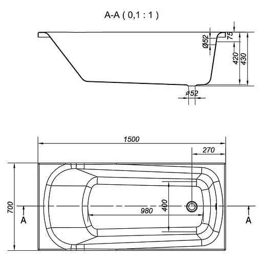 Ванна акрилова Cersant Nao 150x70 - фото 3