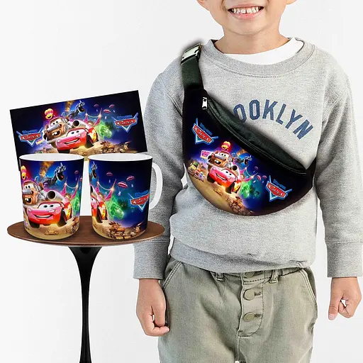 Набір: дитяча сумка-бананка+кружка Тачки Блискавка Маквін 32х15см, бананка для хлопчика через плече на подарунок (00978)
