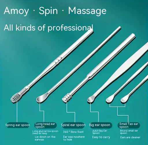 Набор для чистки ушей и удаления ушной серы из 6 инструментов черный - фото 3