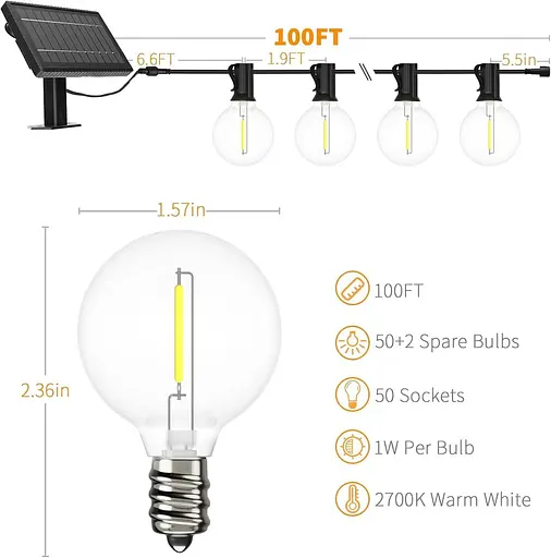 Уличные солнечные гирлянды Yuucio, 100 футов G40, гирлянда с 50+2 лампами лампочками, не бьются, водонепроницаемый внутренний - фото 4