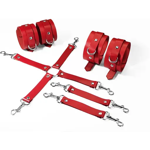 Набор для БДСМ 3 в 1 Feral Feelings BDSM Kit 3 Red, Red, наручники, поножи, крестовина