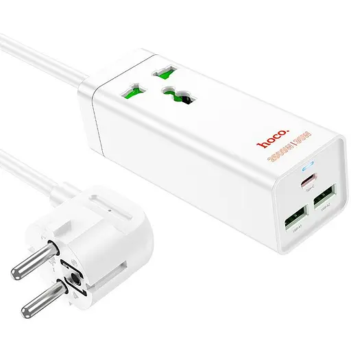 Мережевий фільтр HOCO AC9A на 1 розетку + 2 USB + USB-C, 30W, 220В, кабель 1.5 м, White, Box