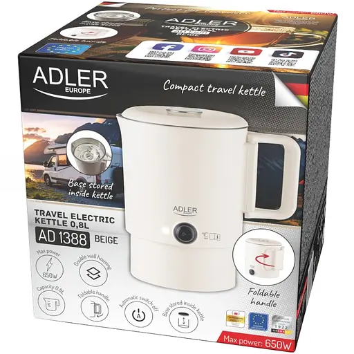 Электрочайник Adler AD 1388b дорожный 650 Вт/ 0,8 л/ двойные стенки/ автовыключение/бежевый - фото 6