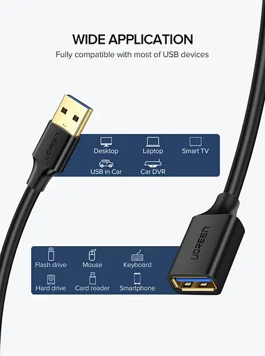 Кабель Ugreen US129 USB 3.0 Extension Male Cable 1 м черный (10368) - фото 2