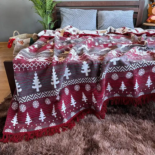 Плед покривало Bridge двосторонній Євро Бордові олені зимовий 200х220 Бавовна Червоний - фото 4