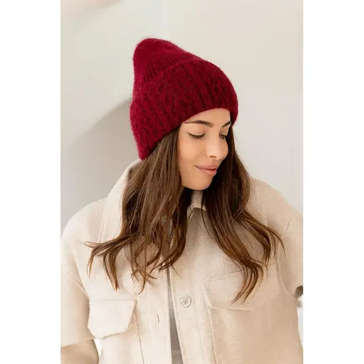 Женская зимняя шапка Лили Травка из ангоры 80% с узором и флисовой подкладкой Бордовый - фото 1