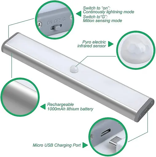 Світлодіодне освітлення під шафою, освітлення в шафі, датчик руху, світильник для шафи, що перезаряджається. - фото 4