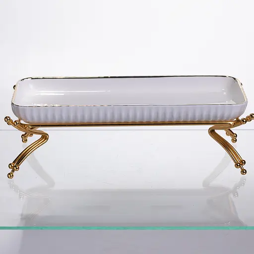 Фарфоровое сервировочное блюдо на металлической подставке 29.5×12×9 (см) блюдо для подачи закусок Белый с золотом Yiwu LB-1565G - фото 2