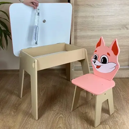Дитячий стіл з ящиком + стільчик для навчання та гри (Рожевий з лисеням) - фото 3