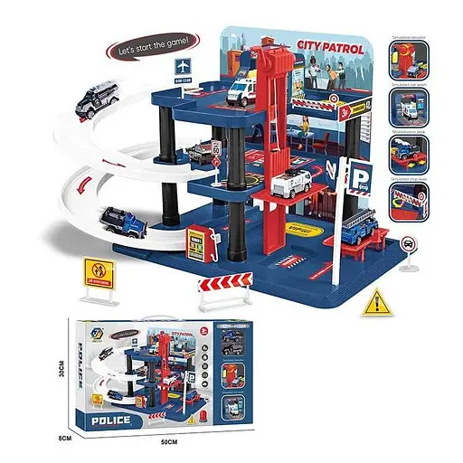 Игровой паркинг двухуровневый, механический лифт, спиральные трассы, 2 металлопластиковые машинки, аксессуары, наклейки 652J39