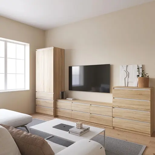 Комплект мебели в гостиную VAYS шкаф R-9, тумба R-12, комод R-4, дуб сонома-белые планки