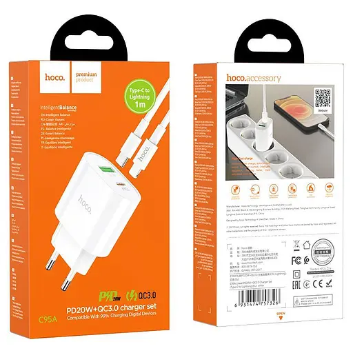 Мережевий зарядний пристрій Hoco C95A Lineal PD20W+QC3.0 + Cable USB-C to Lightning White (757326) [76051] - фото 9
