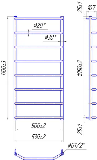 Водяна рушникосушка Mario Трапеція HP 1100x530/500 1.3.2803.01.P, Хром, нижнее - фото 2