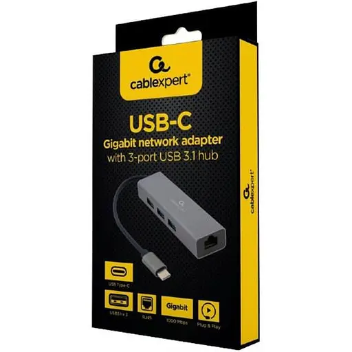 USB-Хаб Cablexpert USB-C 3хUSB3.1 металл, Grey (A-CMU3-LAN-01) - фото 2