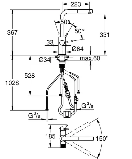 Змішувач для кухні з підключенням питної води з висувним виливом Grohe Blue Pure Minta 30601DC0 Нержавіюча сталь - фото 3