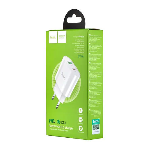 Сетевые зарядные устройства Hoco C95A Lineal PD20W + QC3.0 charger ( EU ) Белый - фото 2