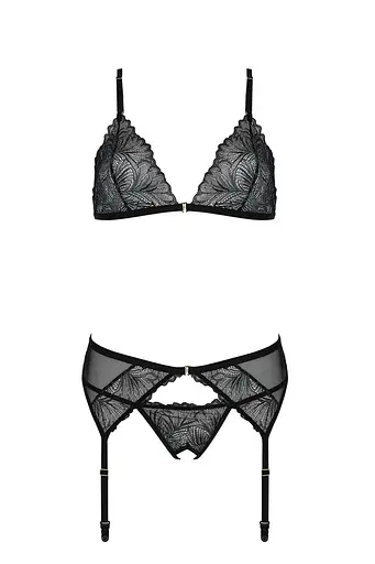 Комплект з відкритим доступом Passion DELIENA Set XXL/XXXL black ліф стрінги пояс для панчох - фото 3