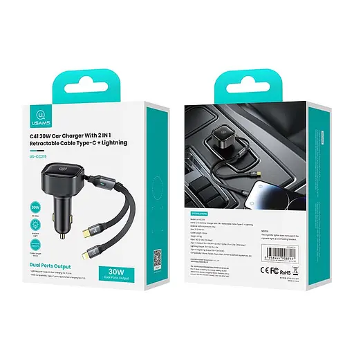 Автомобильный адаптер USAMS Car Charger With 2in1 Retractable Cable Type-C + Lightning US-CC219 C41 |30W, PD/QC| - фото 2