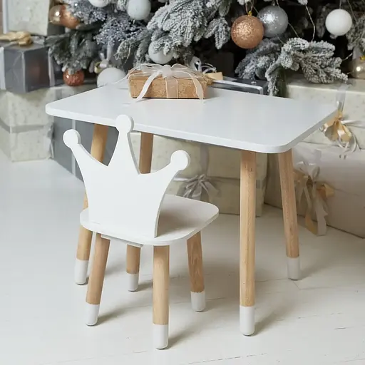 Детский прямоугольный столик (Белый) и стульчик Корона (Белая)