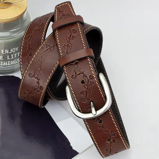 Ремінь шкіряний жіночий з квітами коричневий батал SF-3531 (145 см) - фото 3
