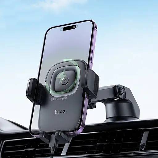 Автотримач з БЗП Hoco HW32 Crown push-type (center console) Black / Metal gray - фото 8