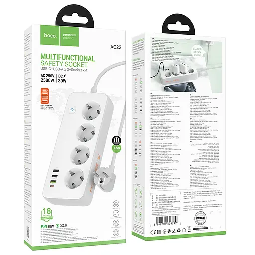 Сетевой удлинитель HOCO AC22 Sunlight 4-bit (PD30W1C3A) настольная розетка (EUGER) (1.5 m) White - фото 2