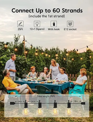 Вуличні світлодіодні світильники G40, 25 футів, для патіо, з підключенням до мережі, 13 пластикових ламп Едісона (1 запасна), водо - фото 2