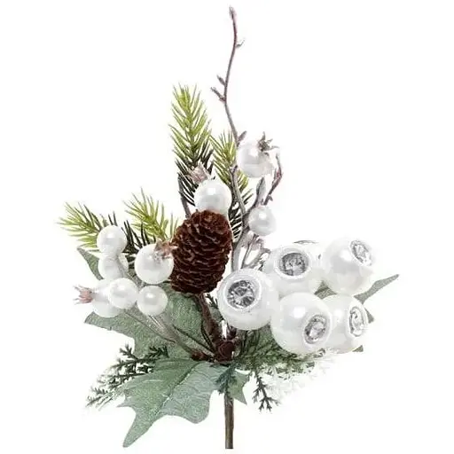 Ветка для декора 24 см Искусственные материалы для декора и флористики с перламутровыми ягодами и шишкой Белый - фото 1