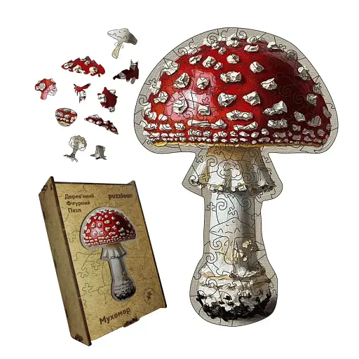 Дерев'яний фігурний пазл Мухомор, А5, Картонна коробка 35 елементів