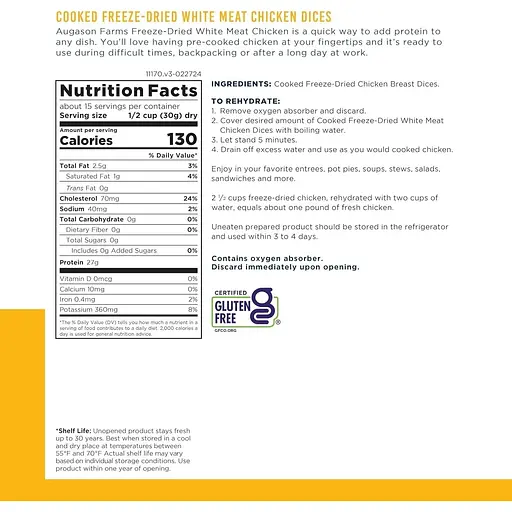 Сублімоване м'ясо курки шматочками Augason Farms з великим терміном придатності 30 років 15 порцій - фото 4