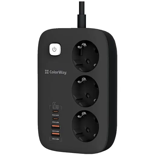 Мережевий фільтр-подовжувач ColorWay CHE34-PD GaN3 Pro PD 65W (2xUSB-A + 2xTYPE-C) 3 розетки 4 USB 2 м Black