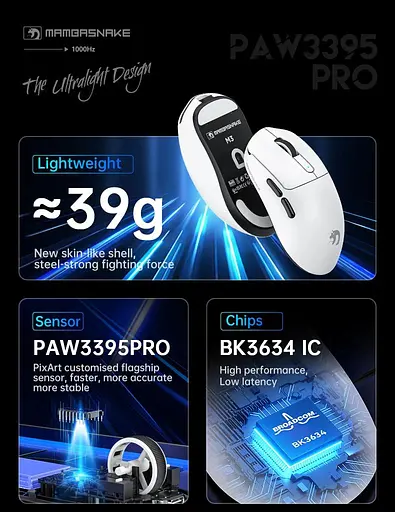 Игровая мышь MAMBASNAKE M3 Спиральный кабель, PAW3395PRO, 40 000 DPI, микропереключатель Omron Белая - фото 4