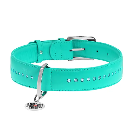 Нашийник для собак шкіряний Waudog Glamour з QR-паспортом подвійний зі стразами L Ш 25 мм Д 38-49 см ментоловий - фото 3