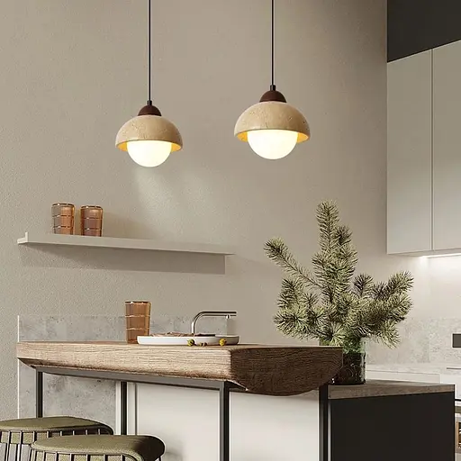 Світильник із підвісним травертиновим корпусом білим плафоном та дерев'яною фурнітурою Ø15х17 см Line F ST002-150 - фото 8