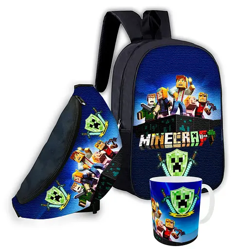 Набор детский Майнкрафт Крипер "Minecraft" рюкзак 36х27см сумка-бананка, кружка с принтом для мальчика (01551)